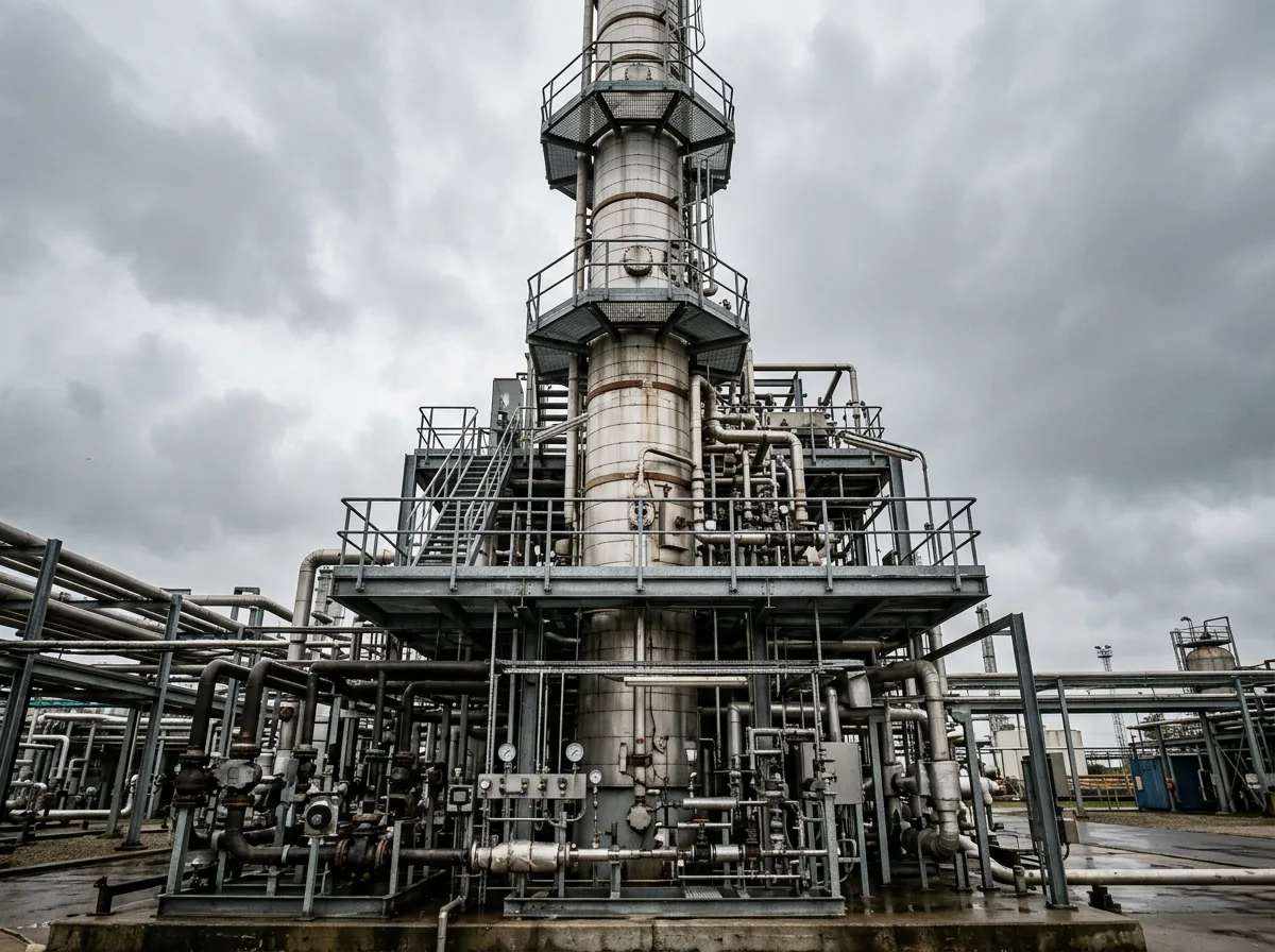 A tall packed vacuum fractionation column with reflux pipework in a chemical plant